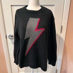 Wooden Ships size XS/S black crew sweater w/ gray and pink lightening bolt motif